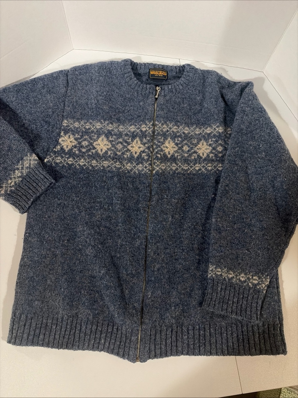 Woolrich Wome’s Navy Blue Zip-Up Fair Isle Wool Cardigan